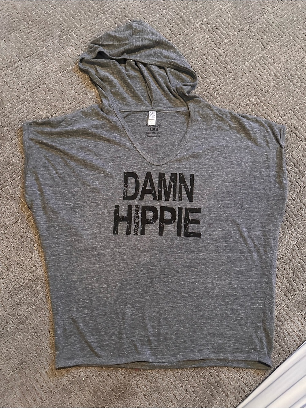 Gray Hooded Tee with 'DAMN HIPPIE' Graphic